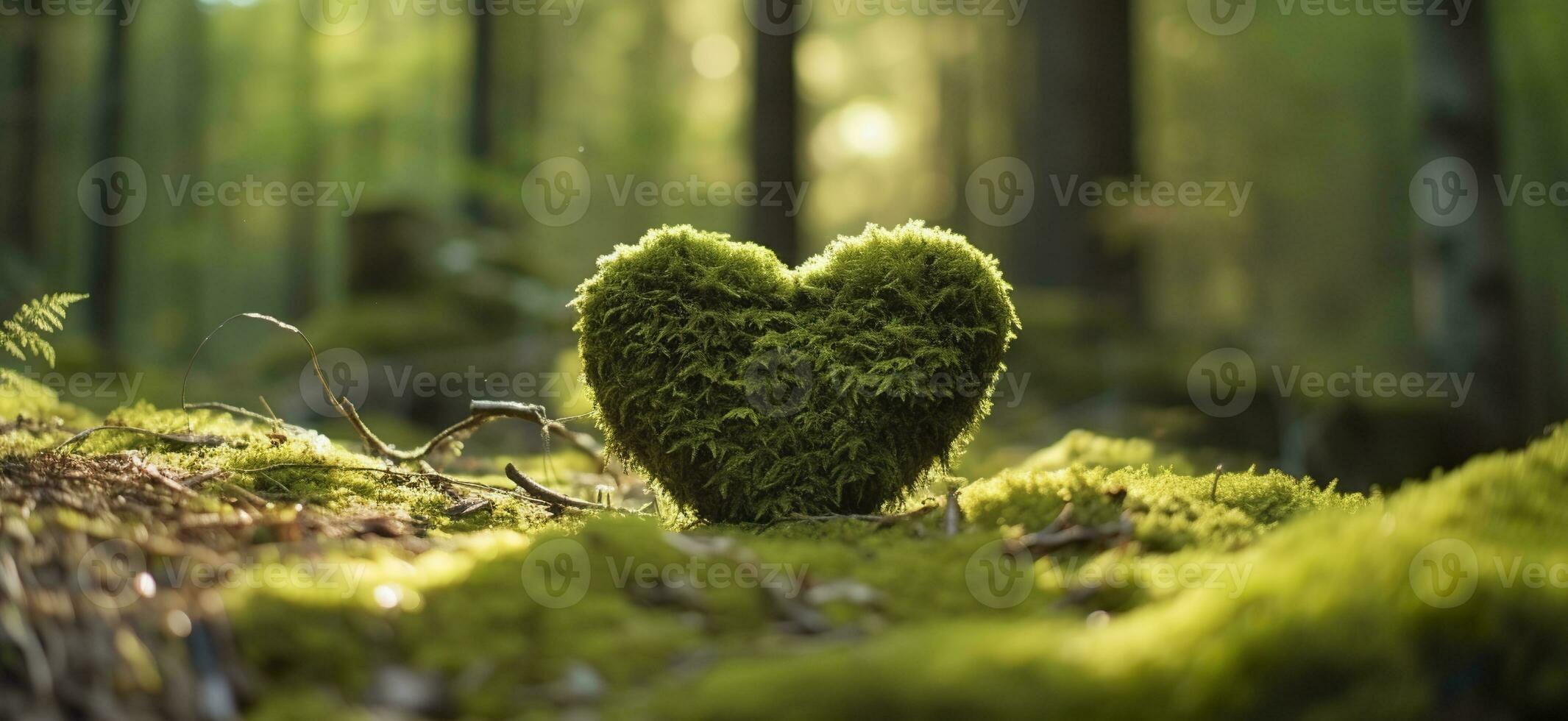 AI generated Closeup of wooden heart on moss. Natural burial grave in the woods. Generative AI photo