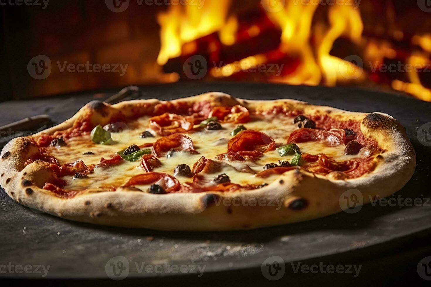 AI generated Freshly baked pizza closeup, traditional wood fired oven background. AI Generated photo