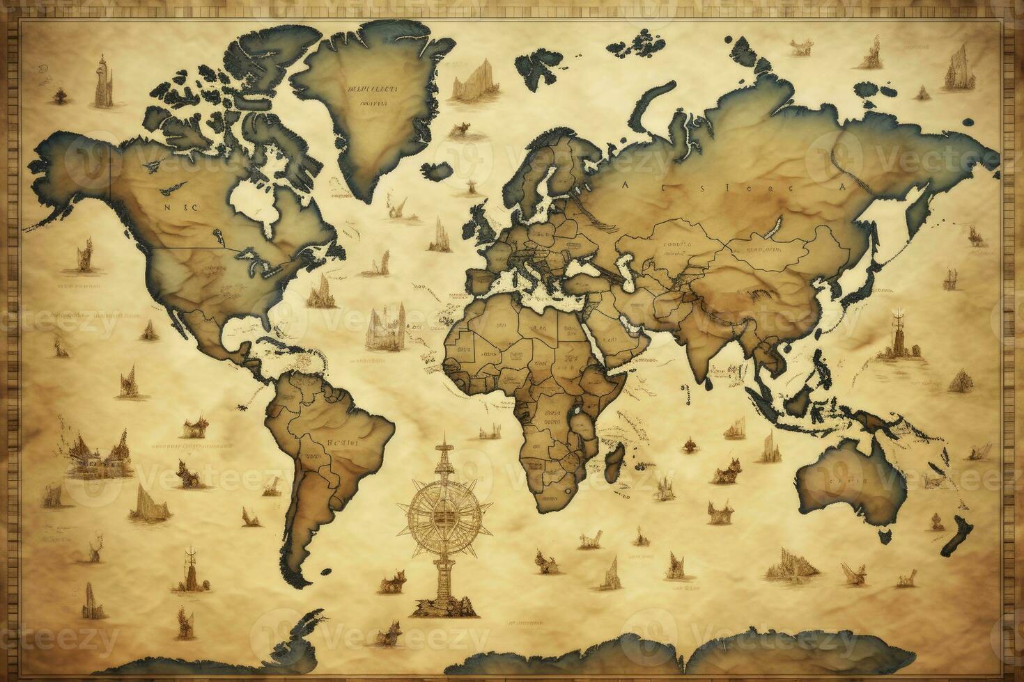 AI generated Great detailed illustration of the world map in vintage style. AI Generated photo