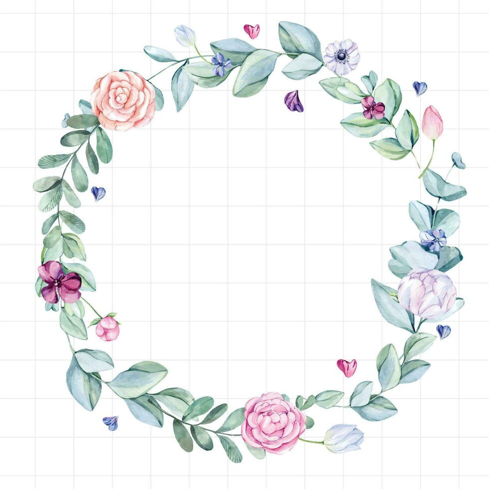 watercolor floral wreath with leaves and flowers vector