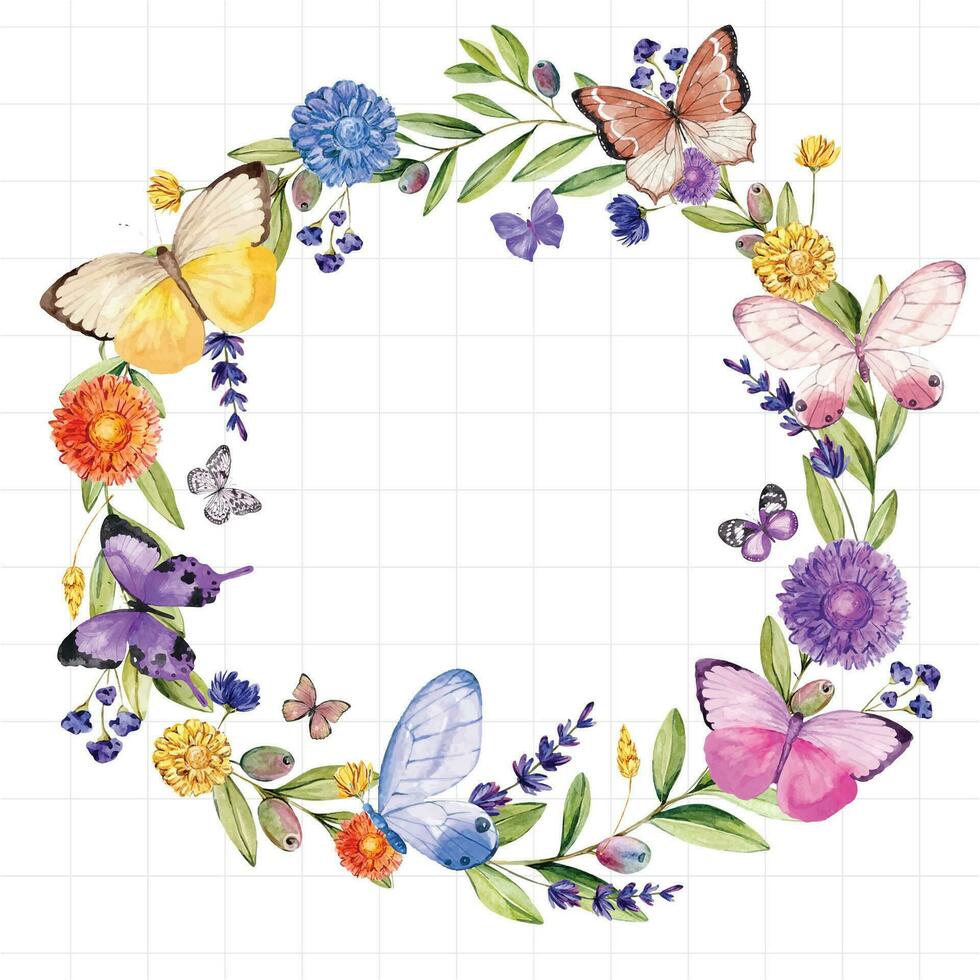 butterflies and flowers in a wreath vector