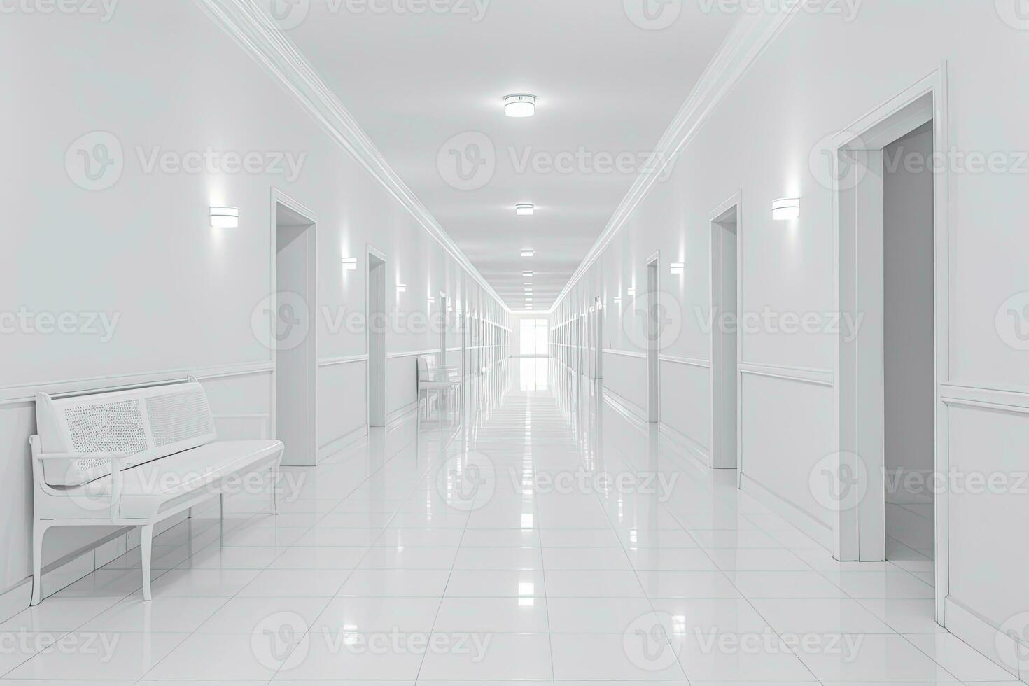 AI generated Interior design of a modern luxurious white building corridor or hallway with waiting seat. AI Generated photo