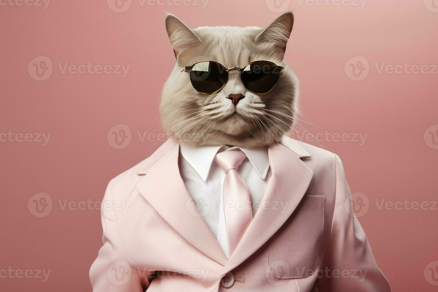 AI generated A cat is wearing sunglasses and suit on Pink Background. AI Generated photo