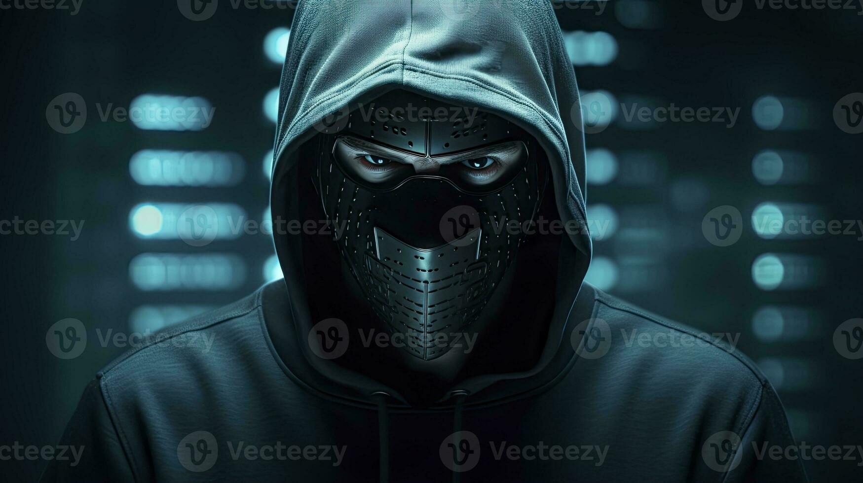 AI generated Binary Intrigue. Anonymous robotic hacker. Concept of hacking. AI Generated photo