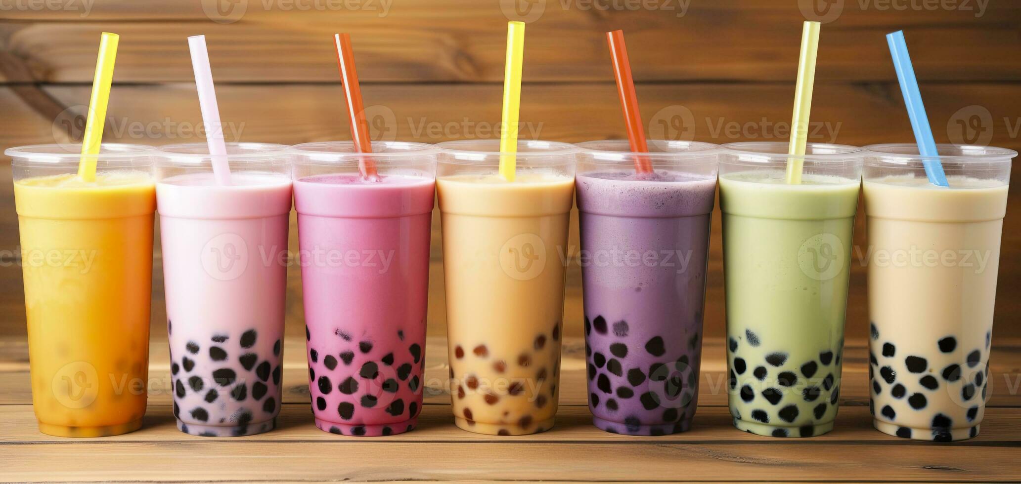 AI generated Plastic cups of different tasty bubble tea on wooden background. Generative AI photo