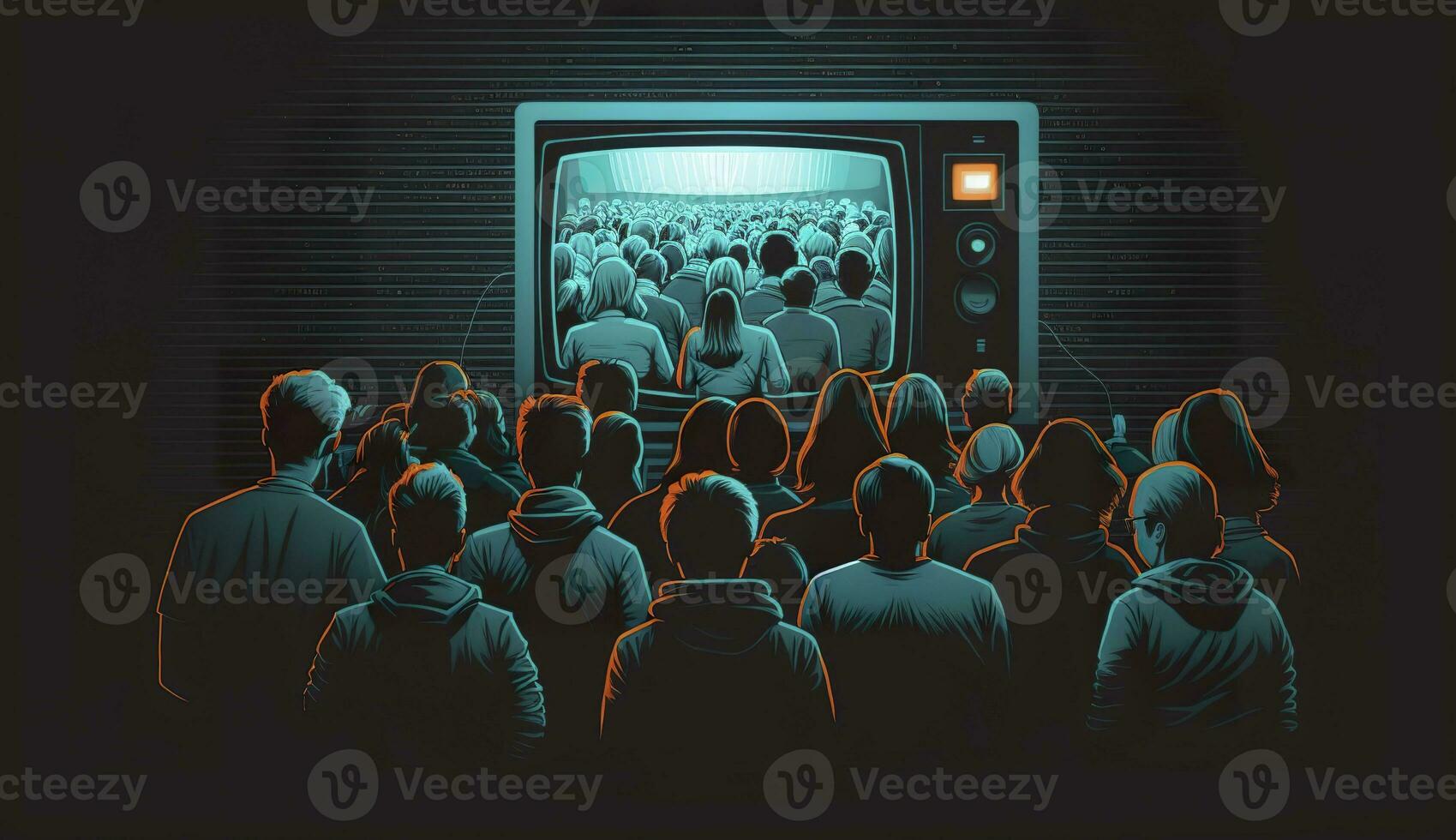 AI generated People crowd watching TV. TV addiction, propaganda and fake news concept. Generative AI photo