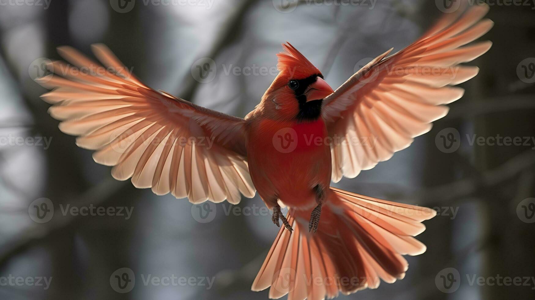 AI generated Northern Cardinal coming in for a landing. Generative AI photo