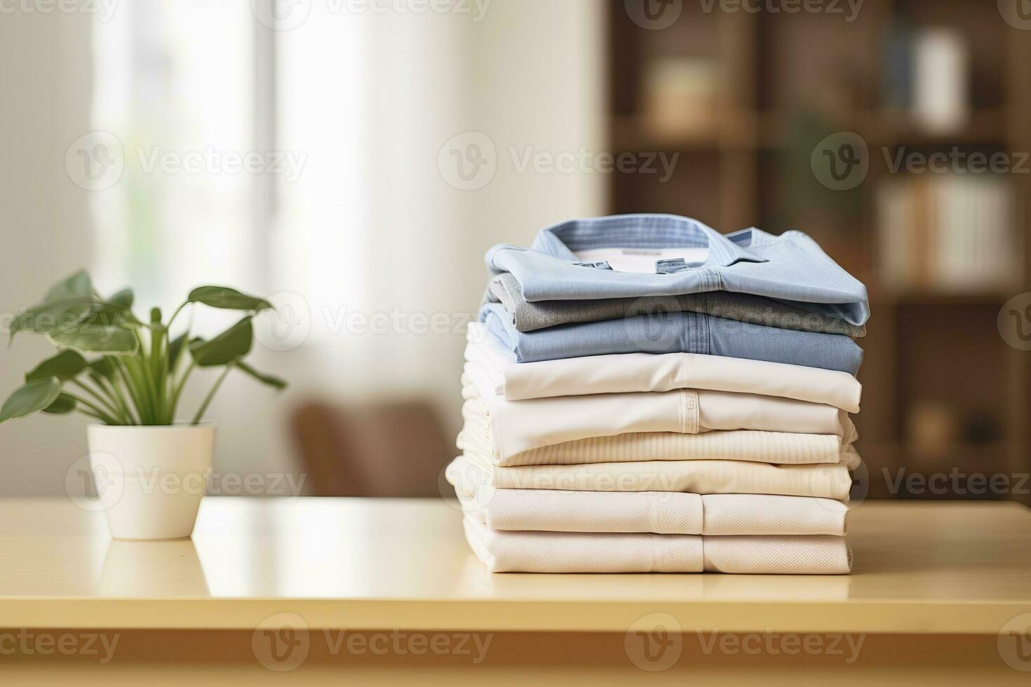 AI generated Stack of clean clothes on table in room. Generative AI photo