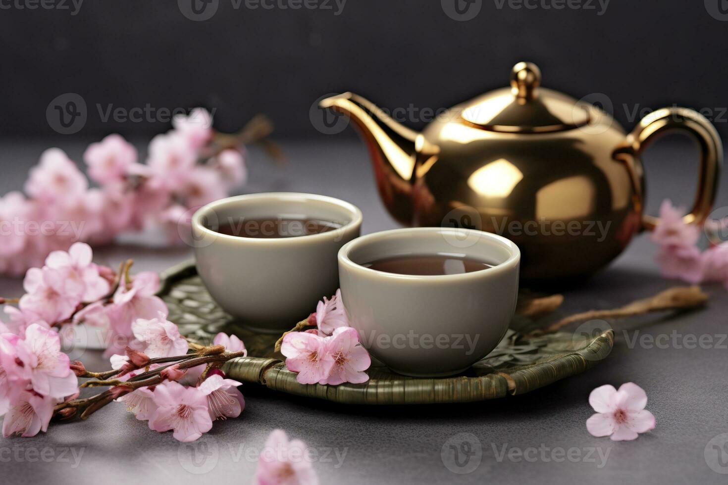 AI generated Traditional ceremony. Cups of brewed tea, teapot and sakura flowers on grey table. Generative AI photo