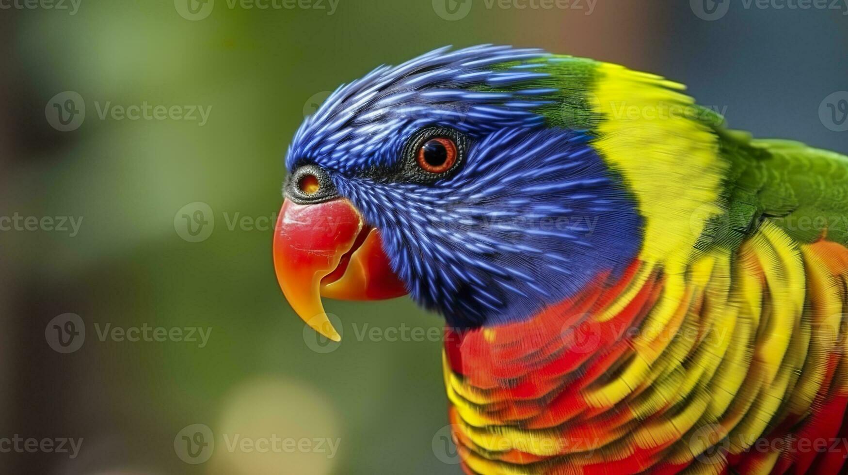 AI generated Side view Closeup of beautiful and colorful Lorikeet Green naped bird. Generative AI photo