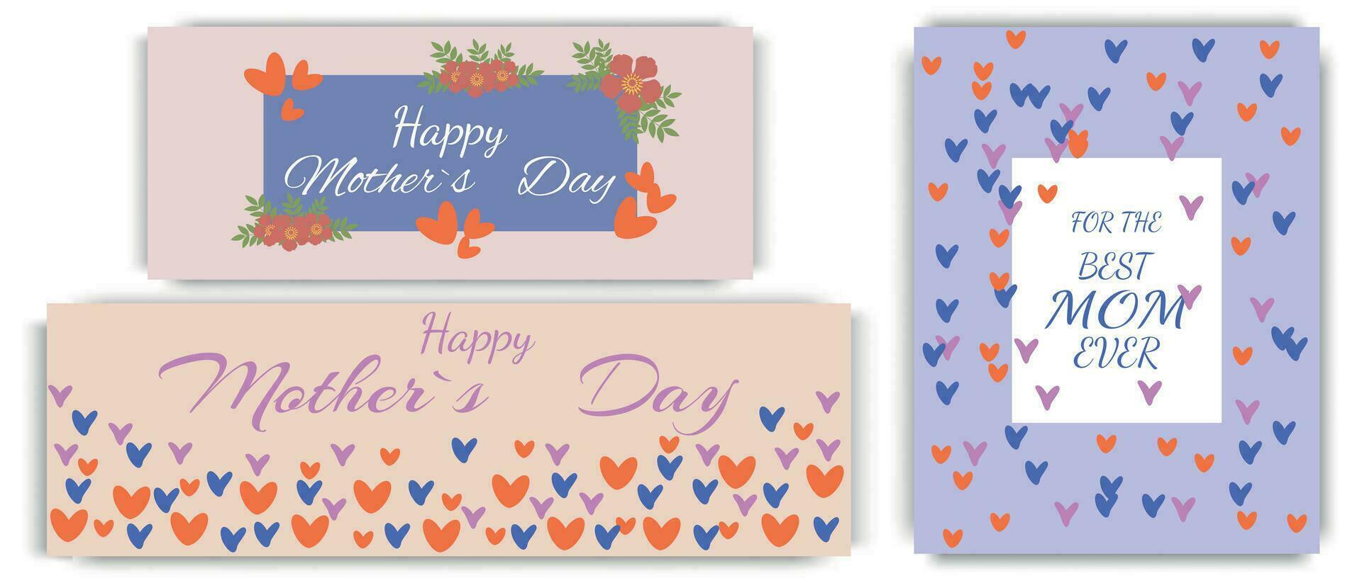 contento de la madre día, conjunto de sencillo tarjetas, pancartas o antecedentes con corazón marco y floral modelo en moderno plano estilo para decoración, saludos, embalaje, imprimir, web, promoción, rebaja vector