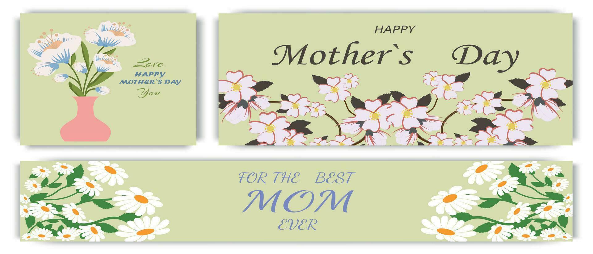 Design for Mother's Day. Set of greeting cards and banner in modern art style. Abstract background with spring flowers in pastel colors on a delicate olive background. Mother's Day templates for card vector