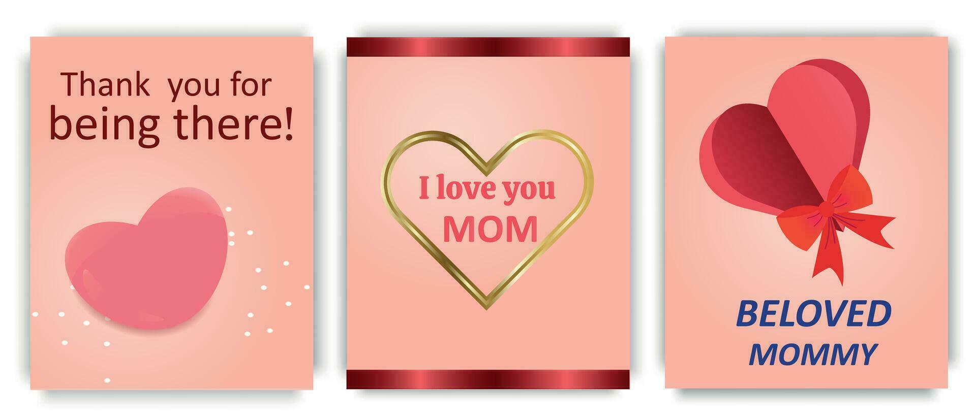 Happy Mother's Day. A simple set of cards or postcards with congratulations to your beloved mother on a fashionable soft peach background. Vector illustration.