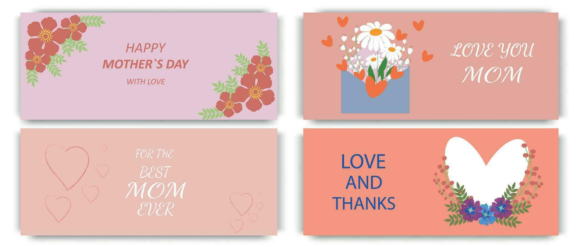 Happy Mothers Day elegant horizontal greeting banners. Vector text flowers and heart for your beloved mom. The best greeting cards.