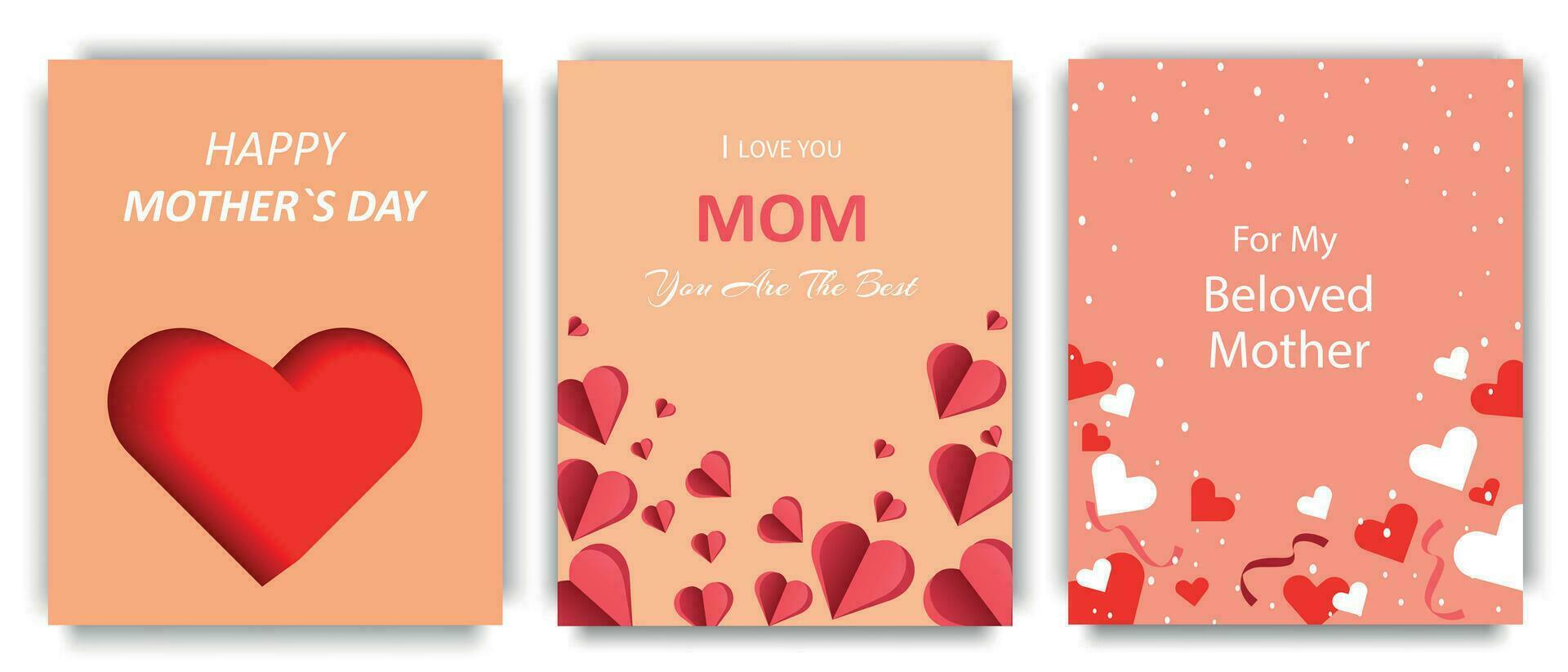 Set of Mothers Day greeting cards with red and white hearts on a peach background. Vector illustration.