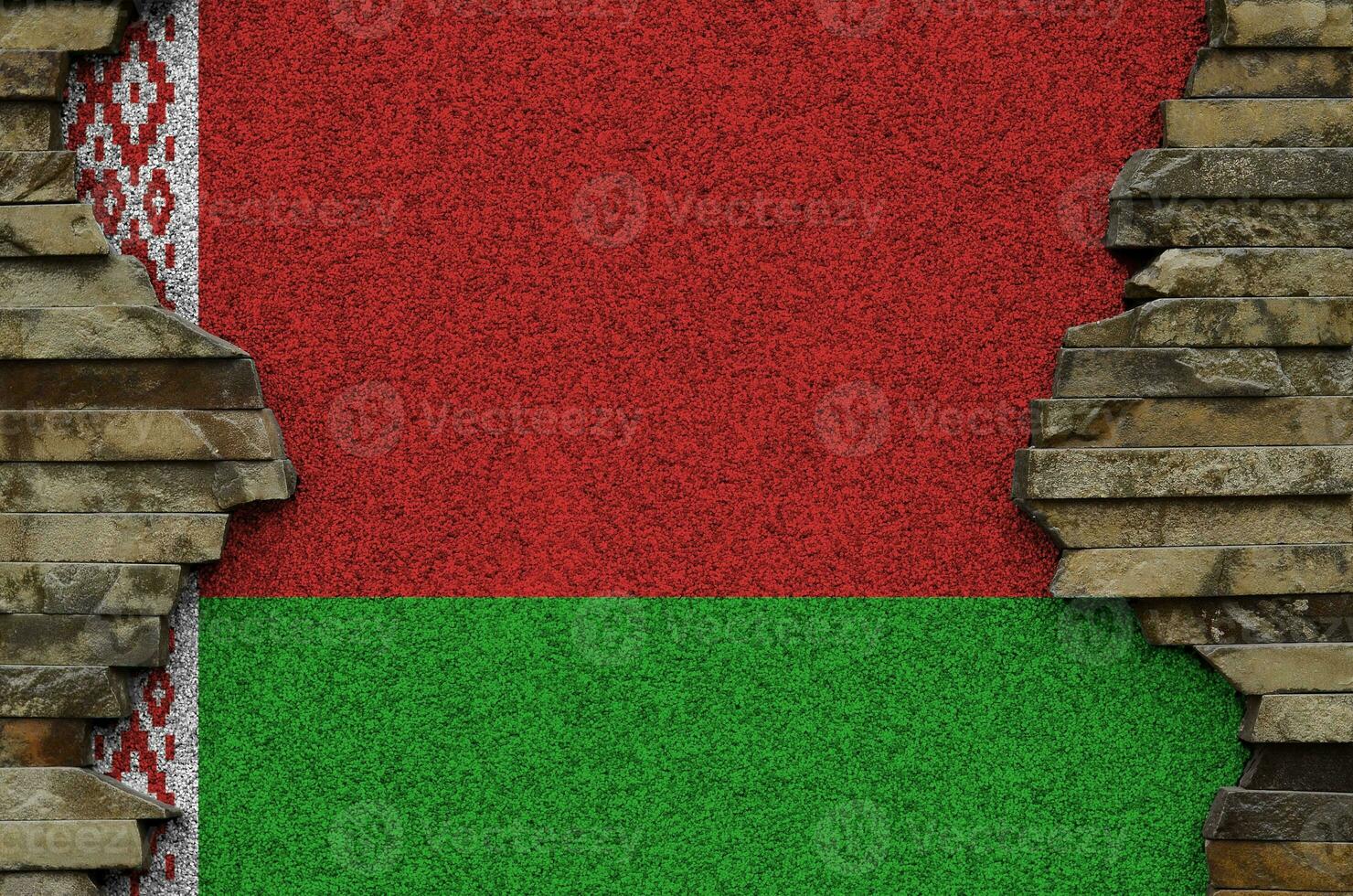 Belarus flag depicted in paint colors on old stone wall closeup. Textured banner on rock wall background photo