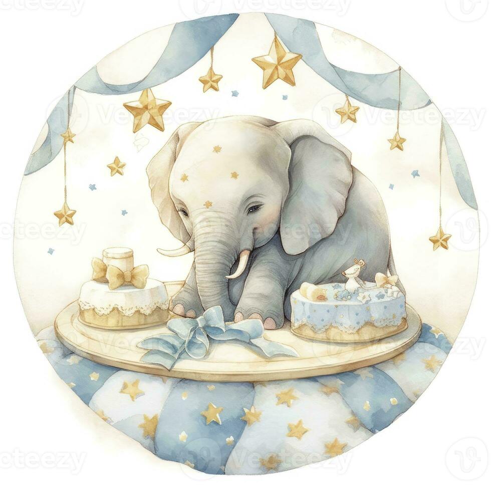 AI generated An elephant on a bed with stars and blankets around the circle. AI Generated photo