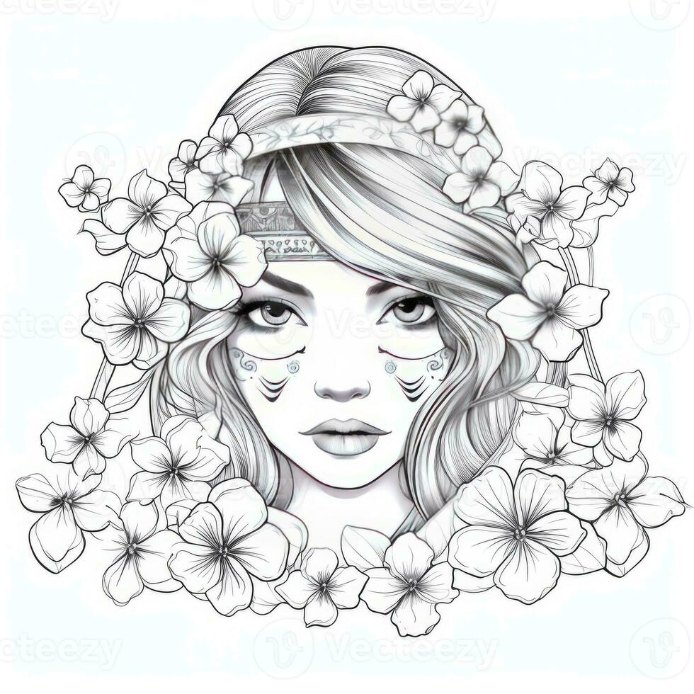 AI generated A girl on a coloring book page with Jasmine flowers. AI Generated photo