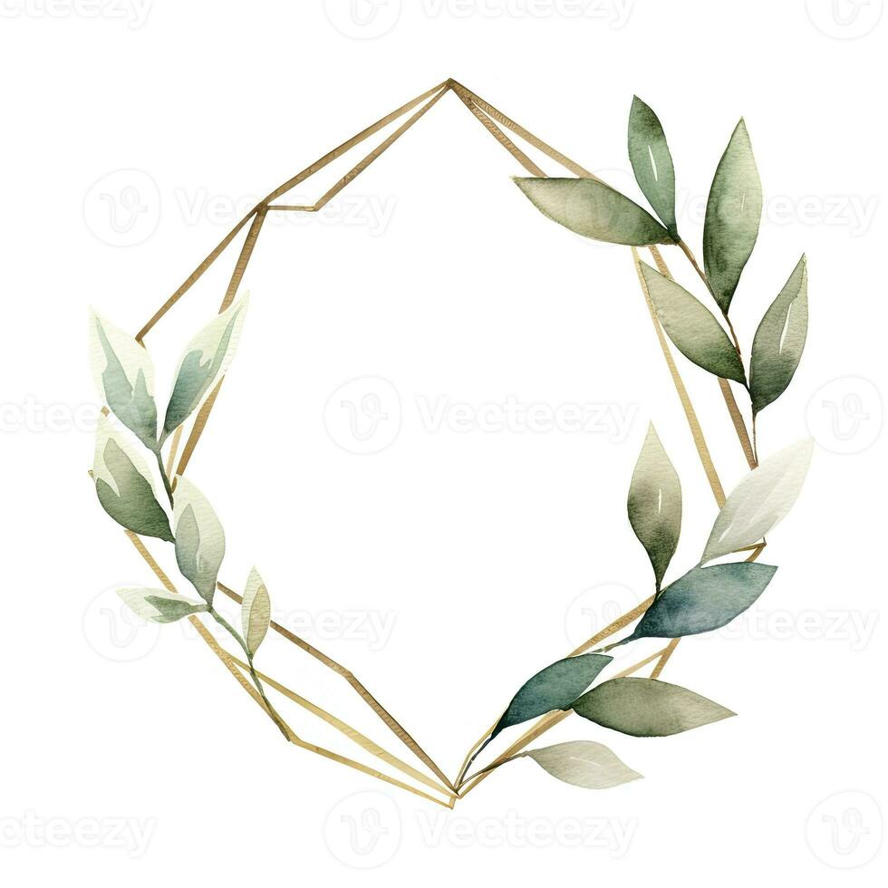 AI generated Watercolor geometry shape wreath with green leaf. AI Generated photo