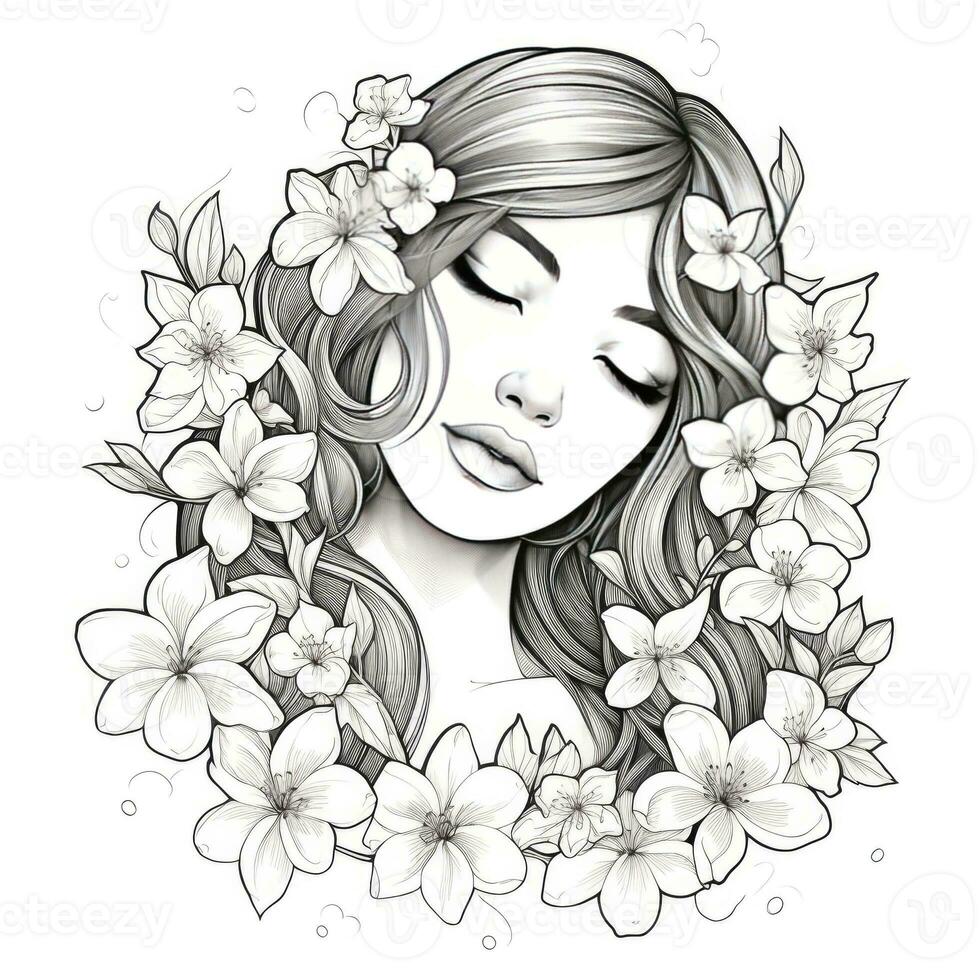 AI generated A girl on a coloring book page with Jasmine flowers. AI Generated photo