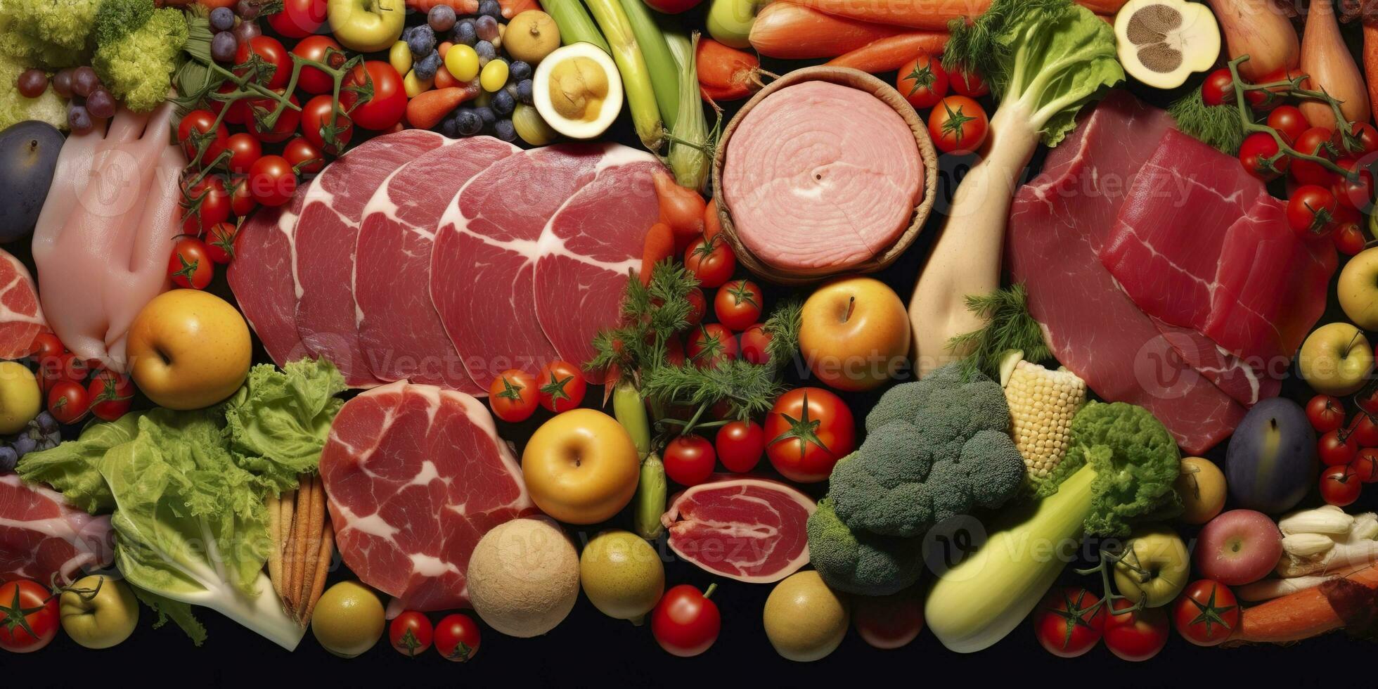 ai generado diferente tipos de carnes, verduras, y frutas laico en supermercados generativo ai foto