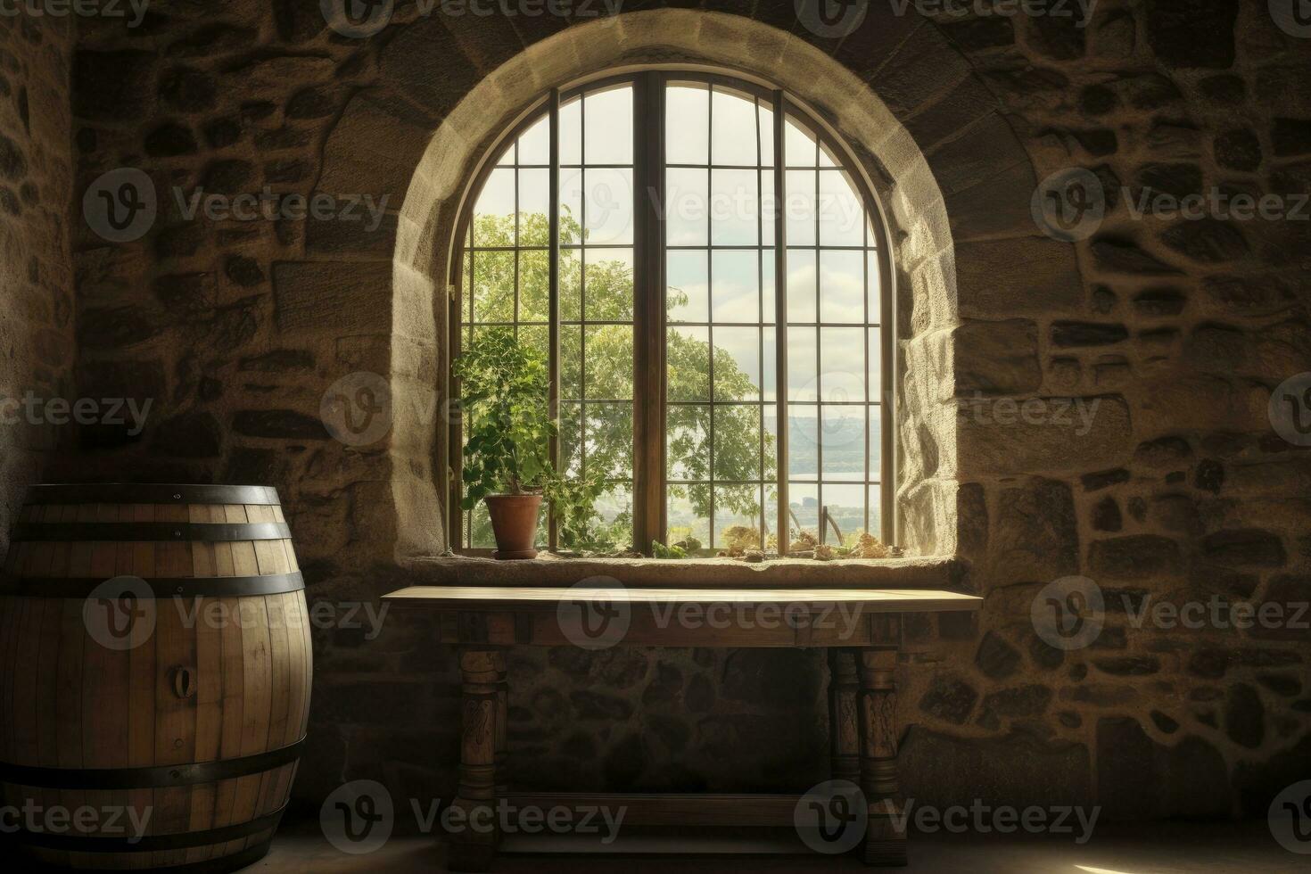AI generated Barrel in an ancient castle beside the window. AI Generated photo