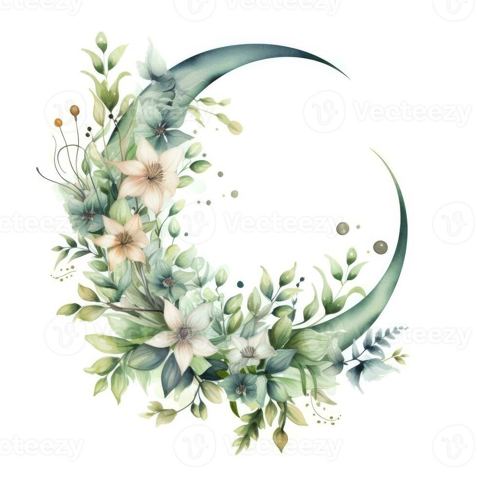 AI generated Watercolor floral Moon with greenery on a white background. AI Generated photo