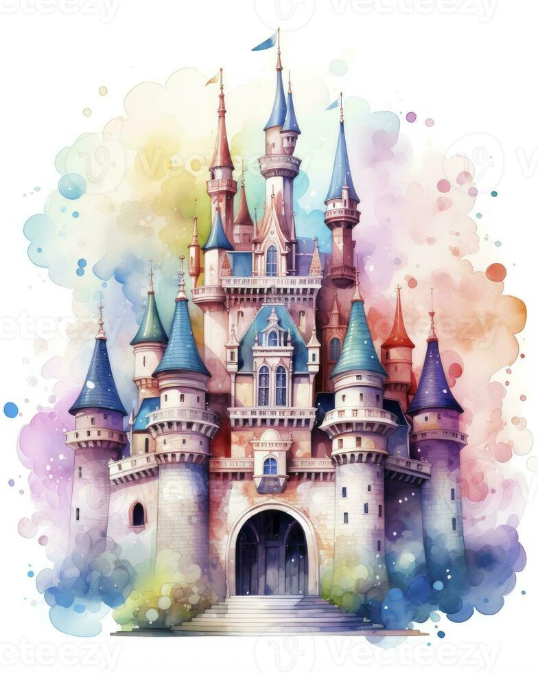 AI generated Colorful watercolor kawaii castle isolated on white background. AI Generated photo