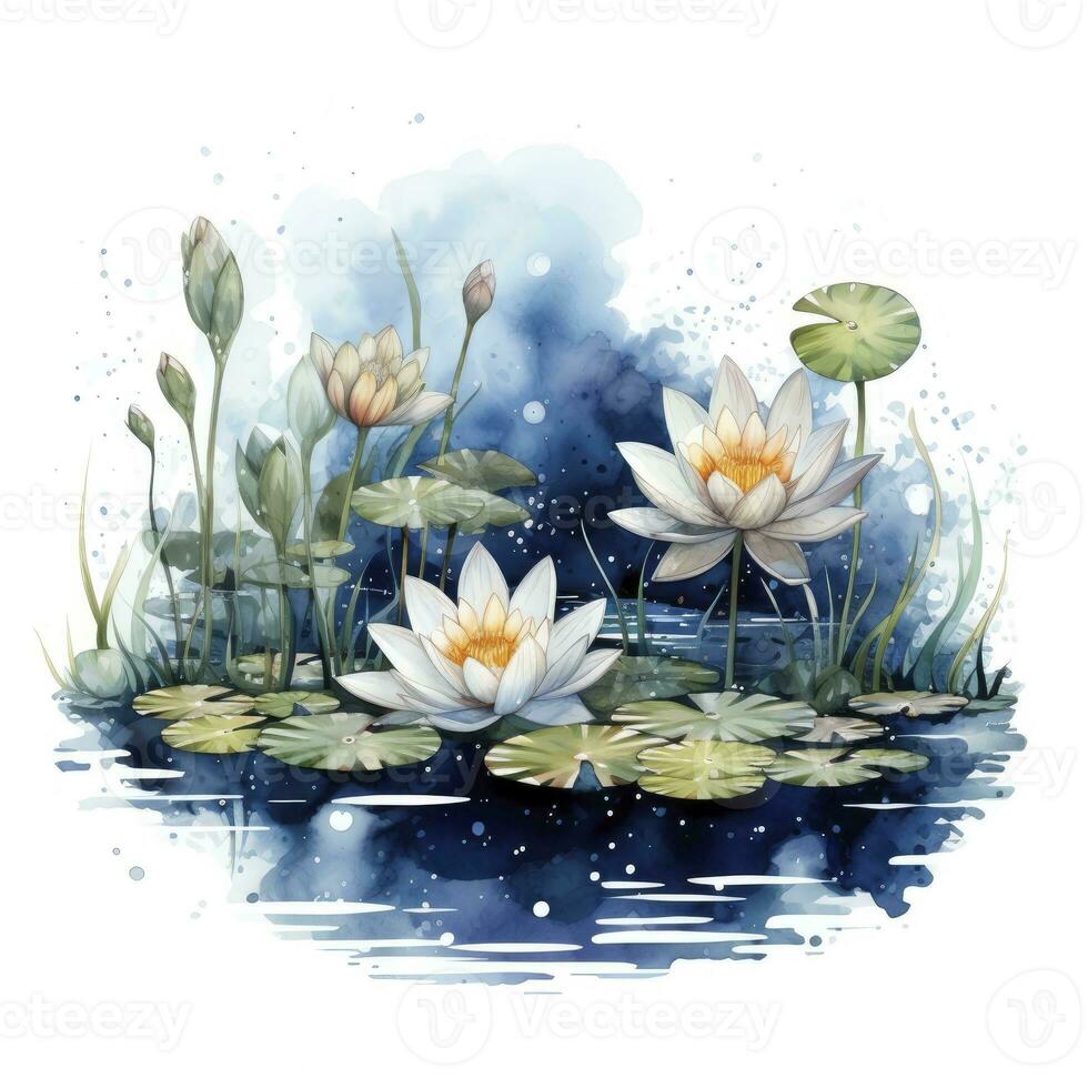 AI generated Floral Moon and Water Lilies on a white background. AI Generated photo