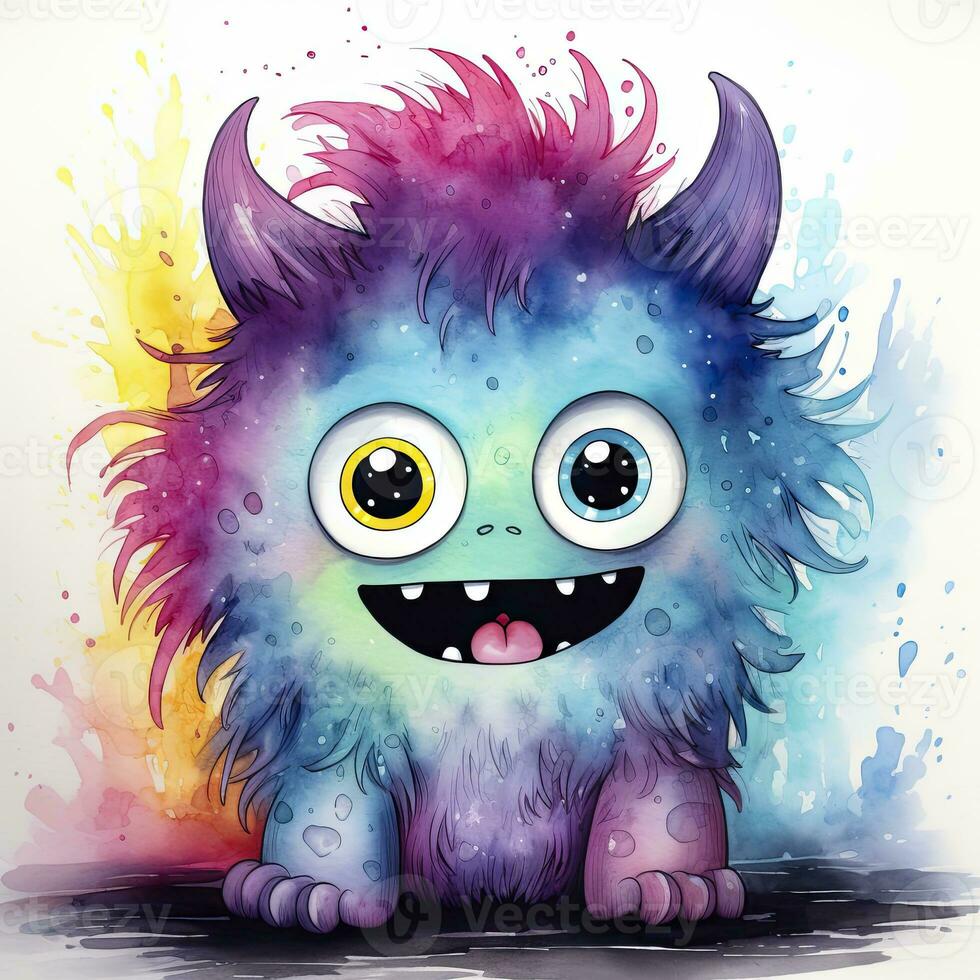 AI generated Watercolor cute monster on white background. AI Generated photo