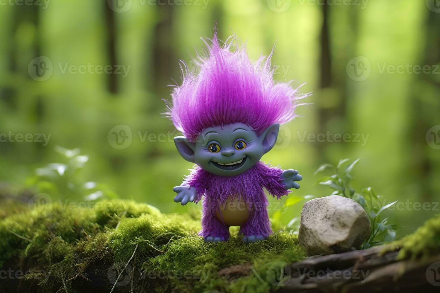 AI generated Tale troll with crystals in the forest, natural green background. Generative AI photo