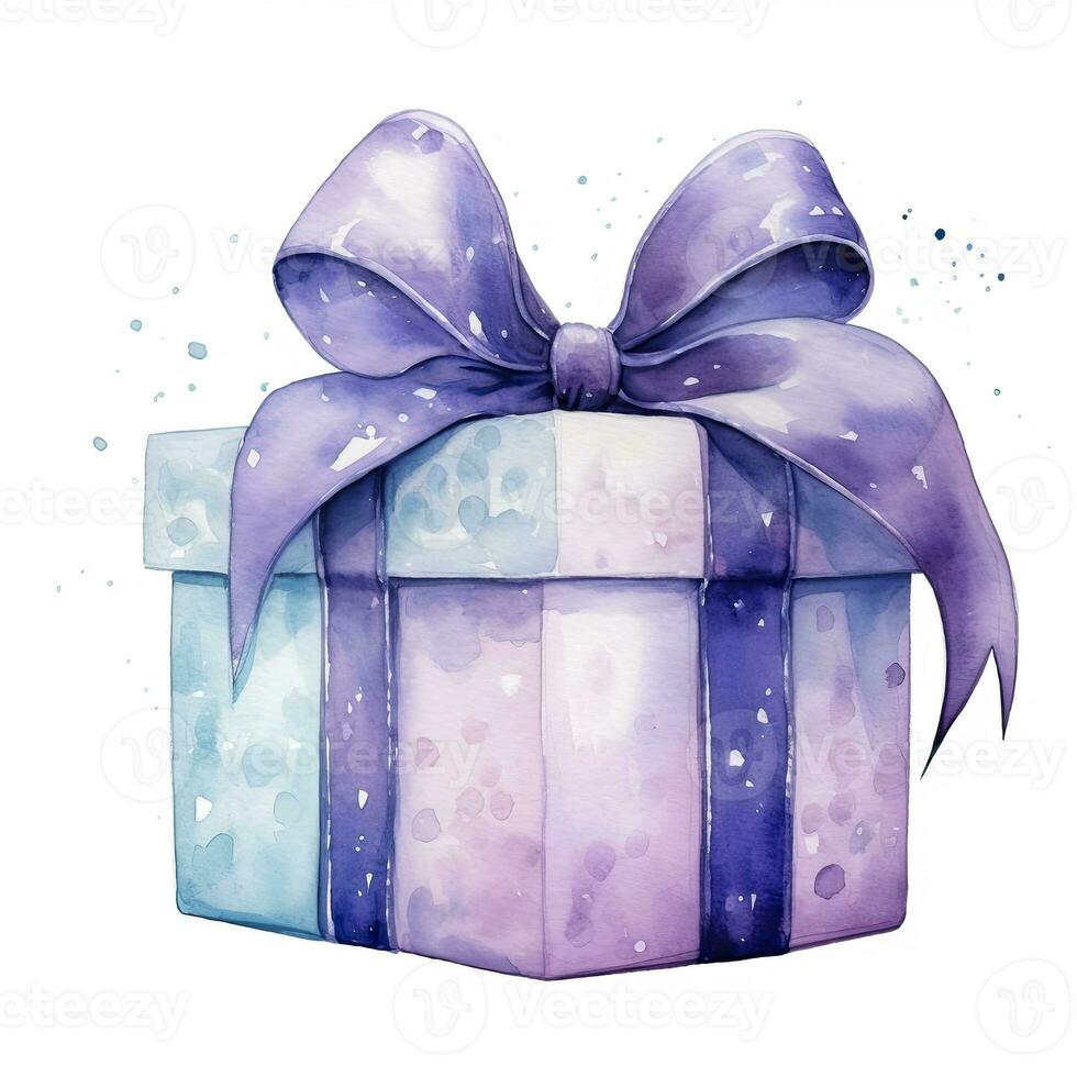 AI generated Watercolor birthday present with bow isolated on white background.  AI Generated photo