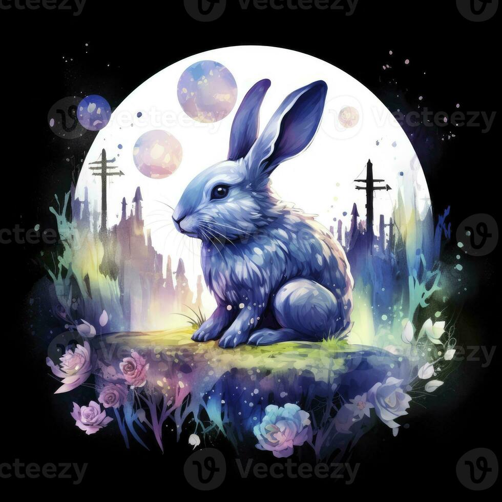 AI generated Watercolor Rabbit and Glowing Moon for T-shirt Design. AI Generated photo