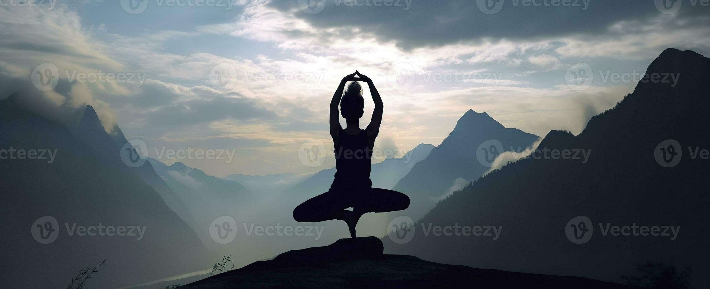 AI generated silhouette of a woman practicing yoga in the summit with mountain Background. AI Generated photo