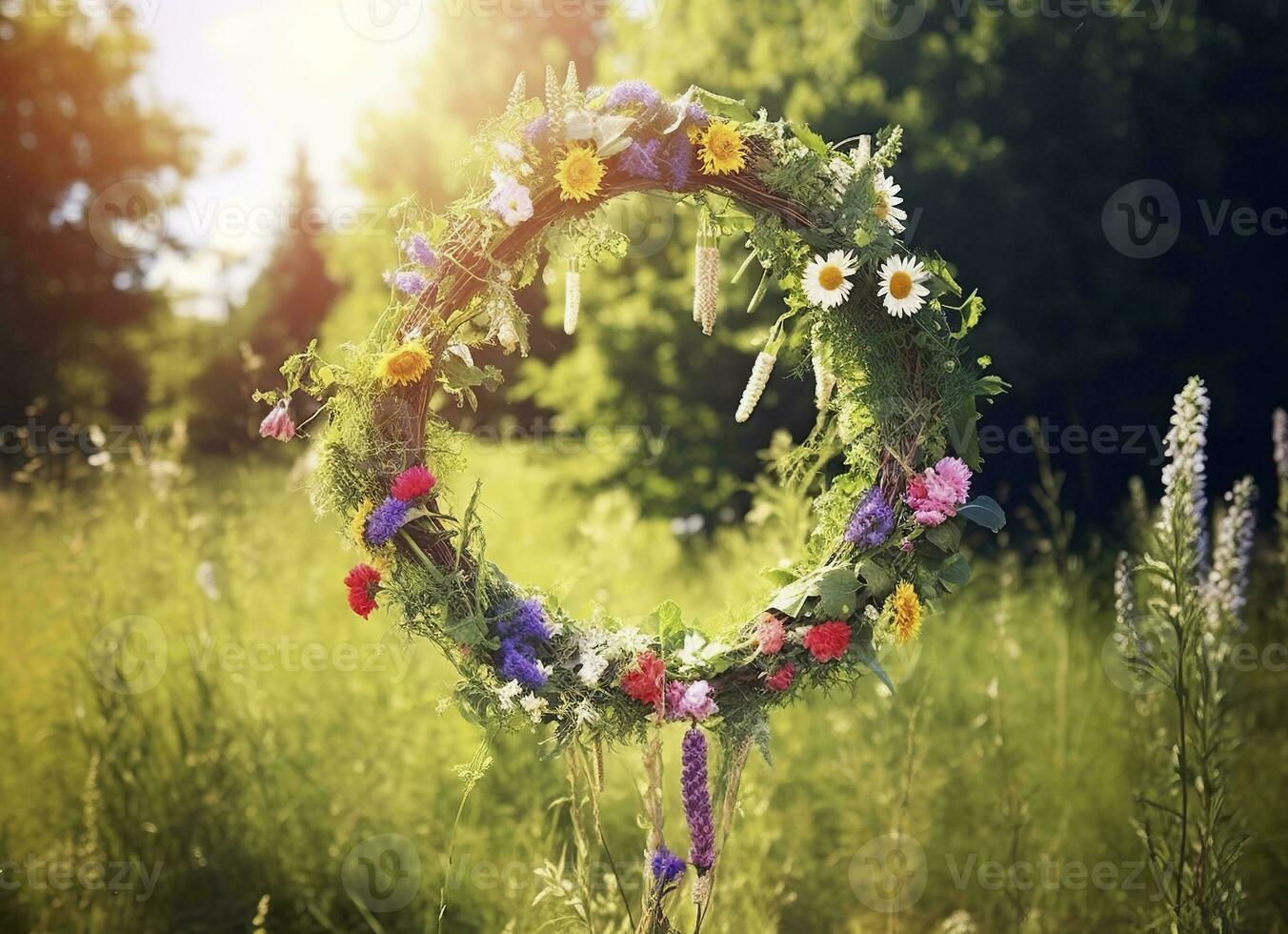 AI generated Rustic wildflowers wreath on a sunny meadow. Summer Solstice Day, Midsummer concept. Generative AI photo