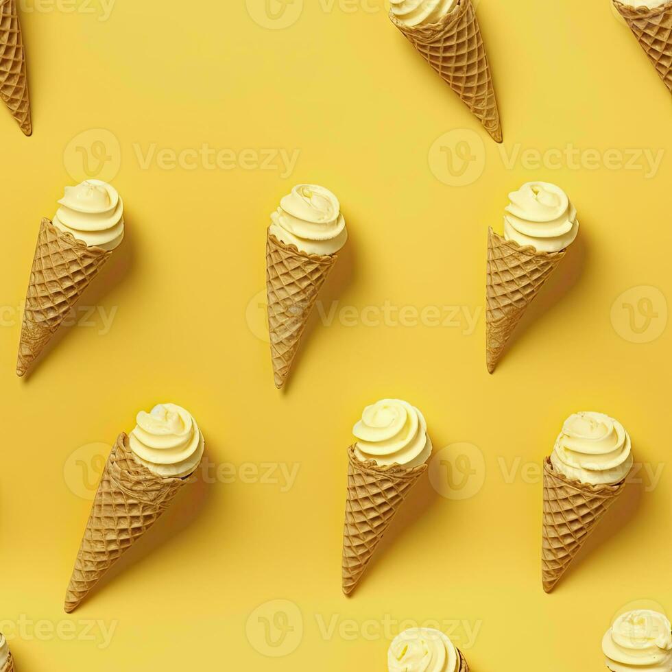 AI generated Ice Cream pattern on yellow background, top view. AI Generated photo