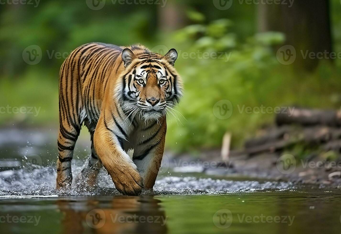 AI generated Amur tiger walking in the water. Dangerous animal.  Animal in a green forest stream. Generative AI photo