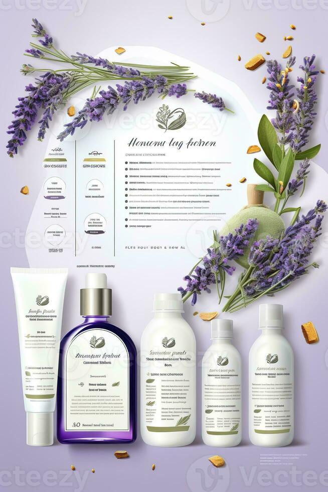 AI generated Beautiful flyer to present a store that sells products, body care, soap, cream, oil. Generative AI photo