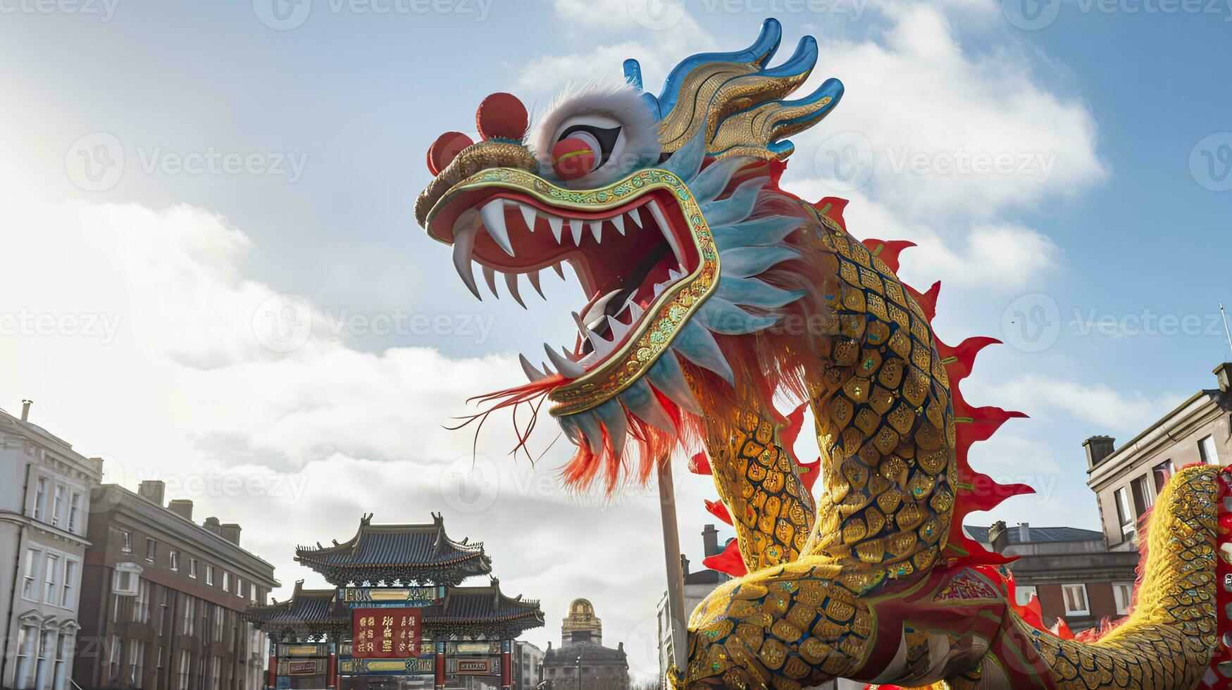 AI generated Chinese Dragon under a bright sky. AI Generated photo