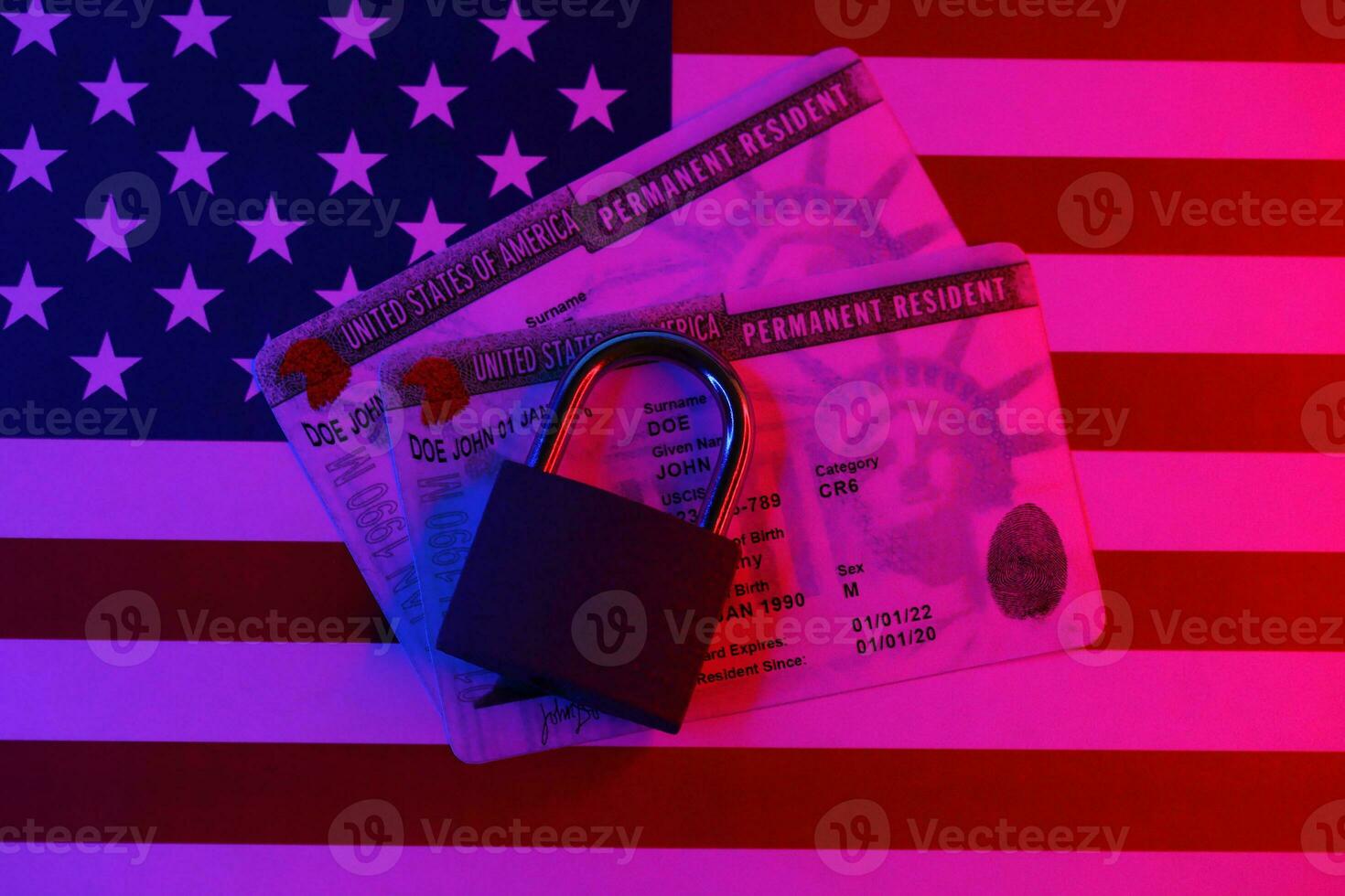 Permanent resident green card for US DV-lottery with small padlock on US flag photo
