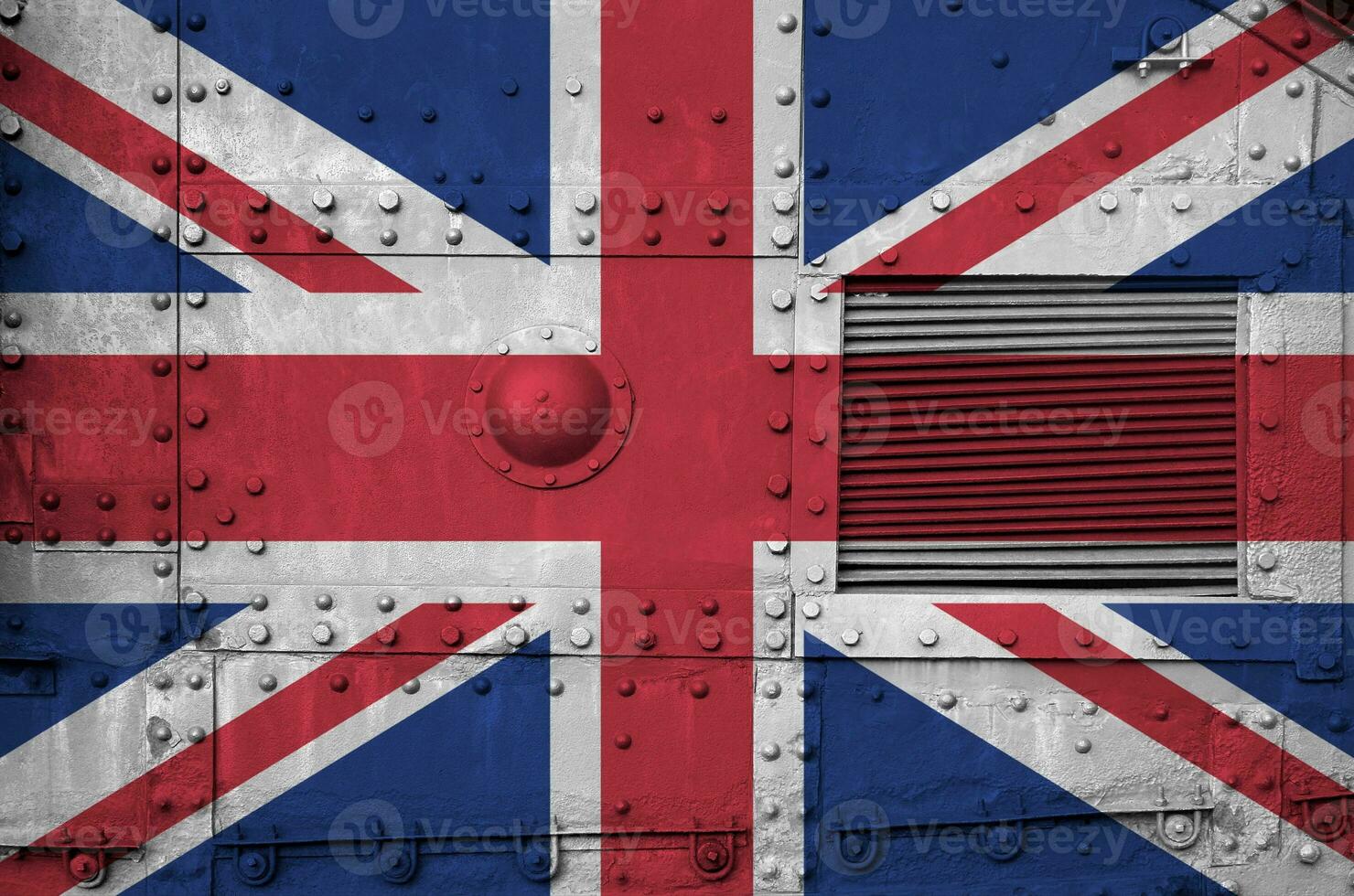 Great britain flag depicted on side part of military armored tank closeup. Army forces conceptual background photo