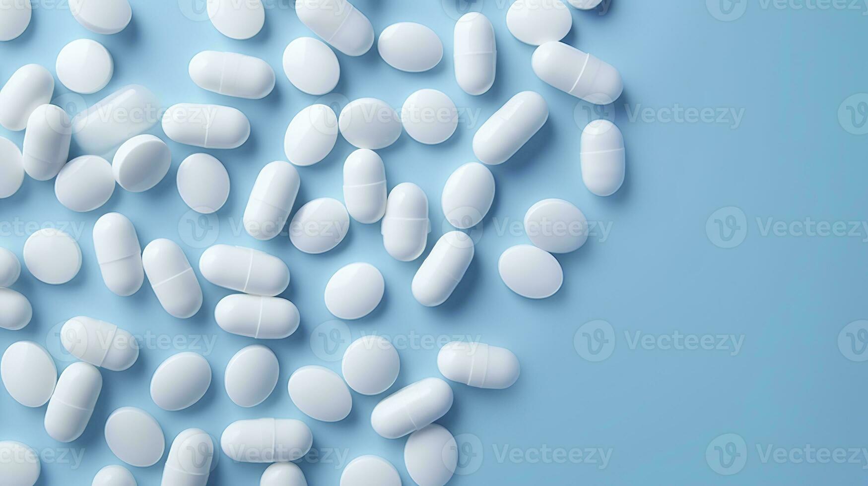 AI generated Top view white medicine tablets antibiotic pills on a soft blue background, copy space, Pharmacy theme, AI Generative photo