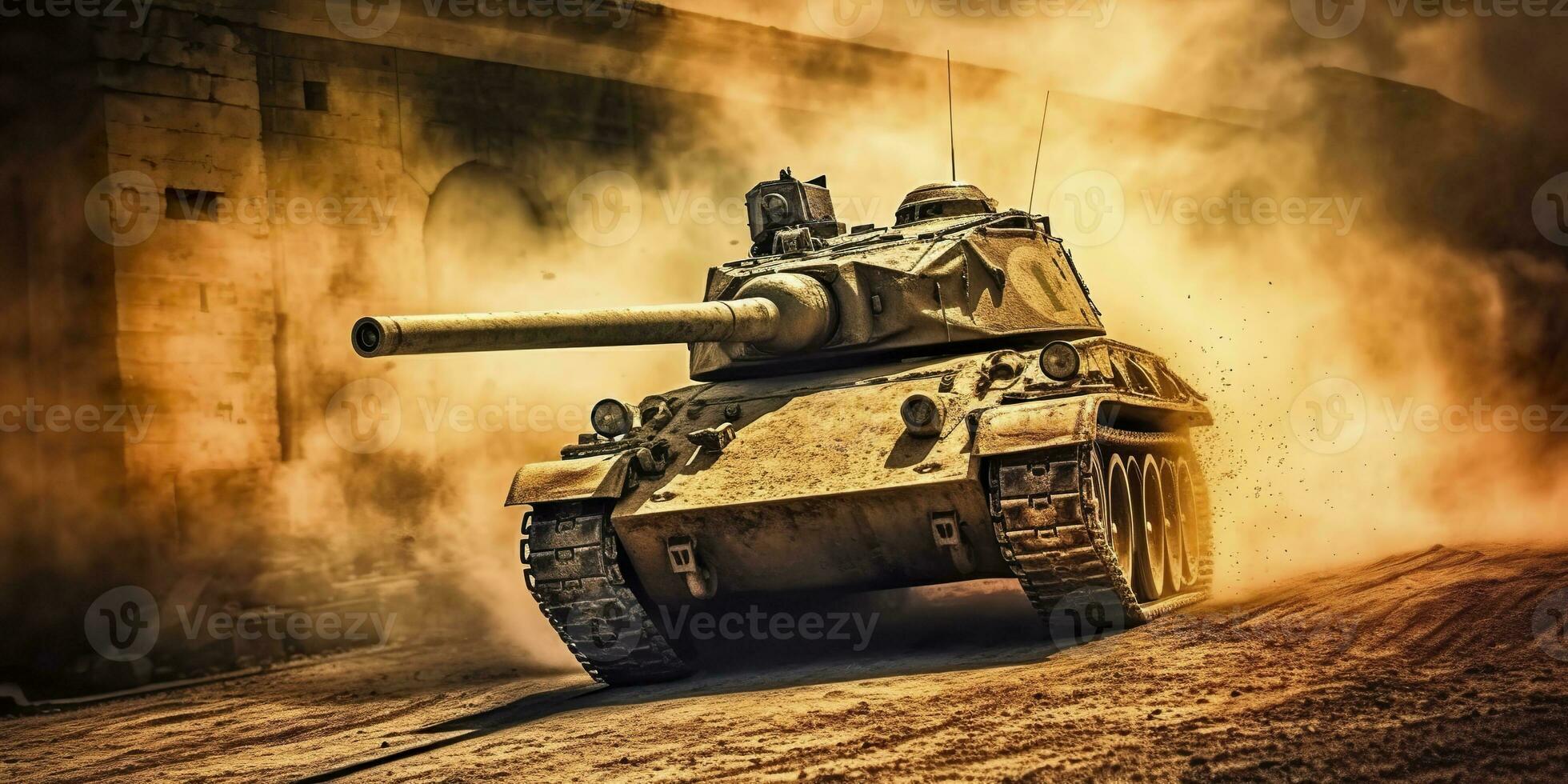 AI generated A Close Up Look at the Power and Destruction of a World War II Tank Firing Shell. AI Generative photo