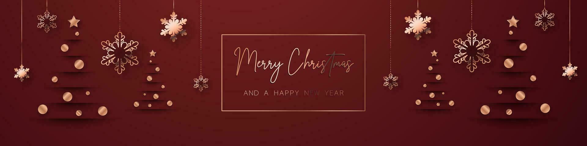 Red gold minimal Christmas banner design. Simple background, elegant geometric minimalistic style. Contemporary papercut luxury greeting backdrop with merry xmas letters for web and advertising. vector