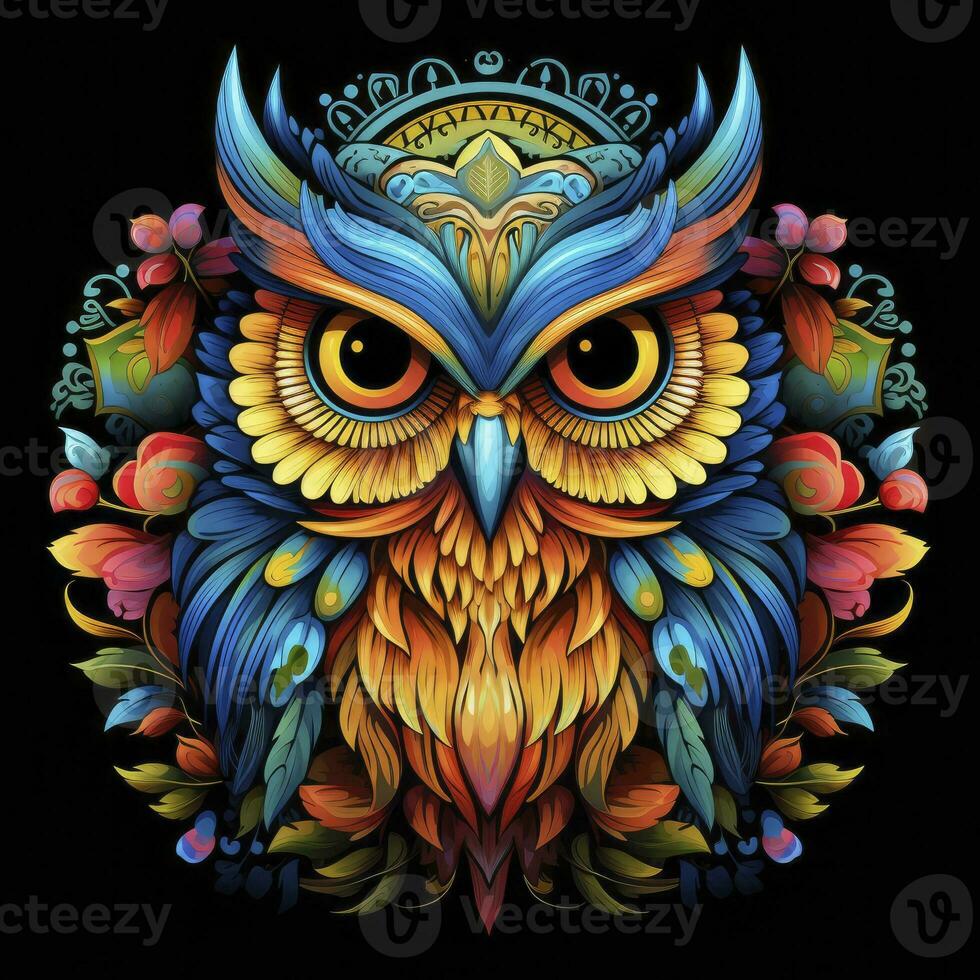 AI generated Multicolored mandala owl coloring page for adults. AI Generated photo
