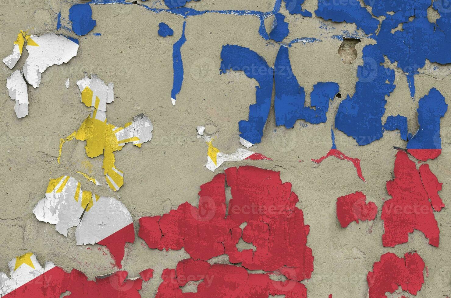 Philippines flag depicted in paint colors on old obsolete messy concrete wall closeup. Textured banner on rough background photo