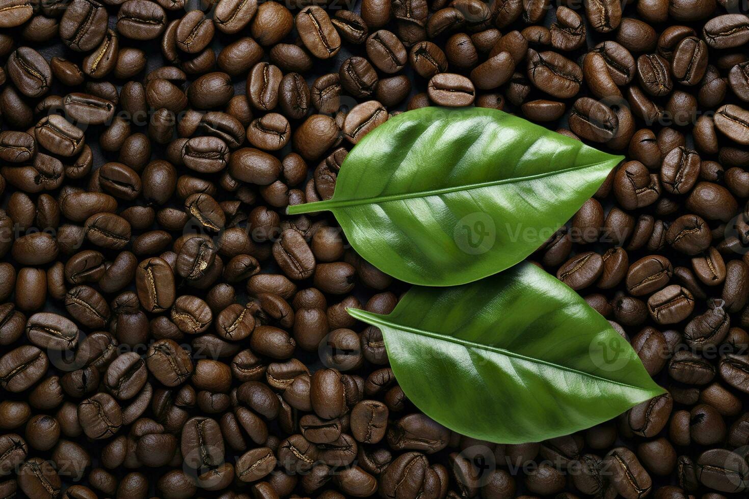 AI generated Green leaves with coffee beans as background. AI Generated photo