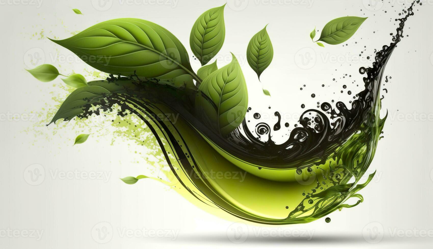 AI generated Green herbal tea wave splash with leaves flow. AI Generated photo
