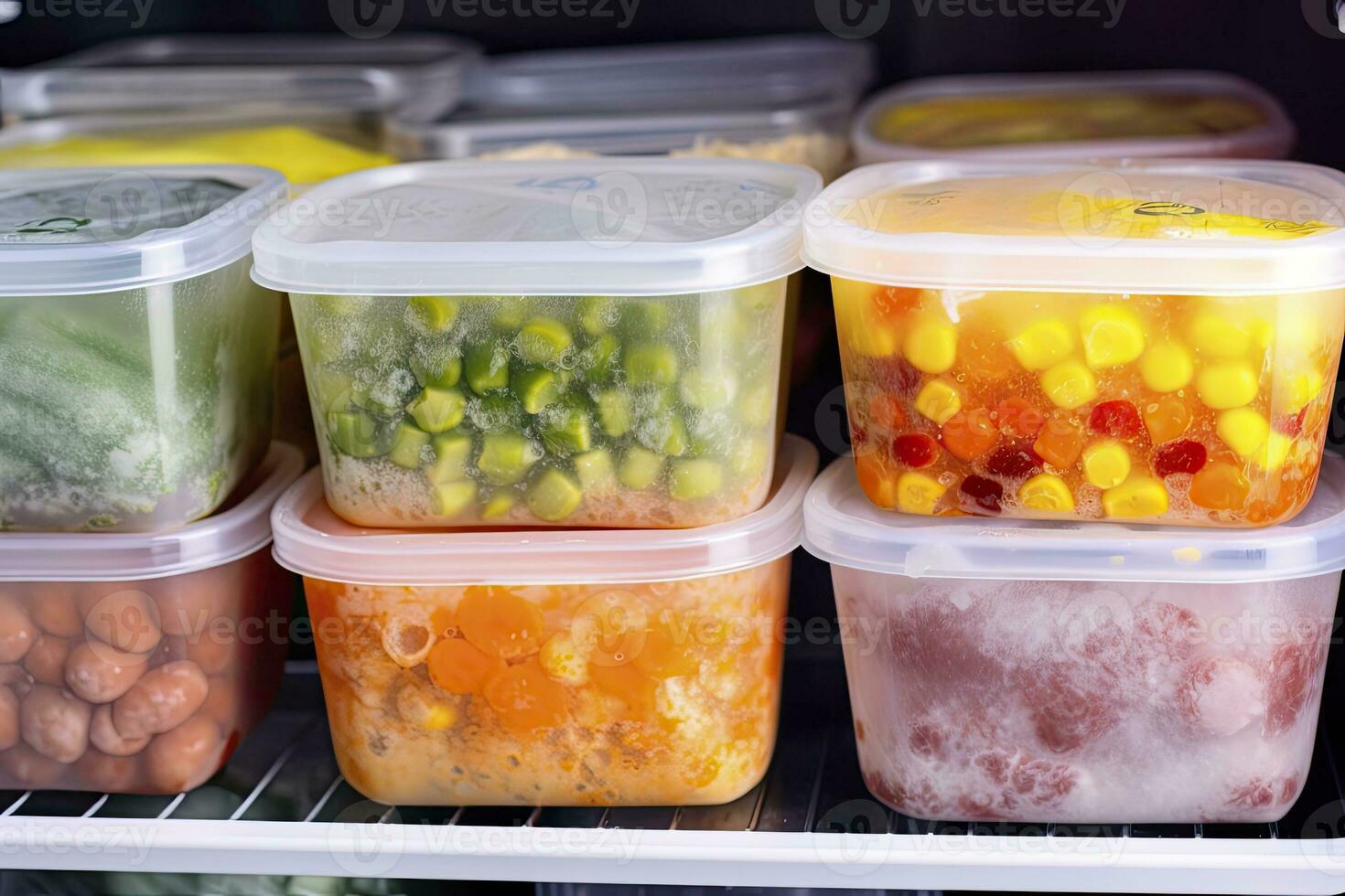 AI generated Frozen food in the freezer. Frozen vegetables. AI Generated photo