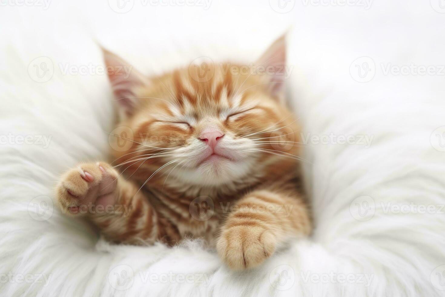 AI generated Red kitten, cat sleeping cute on white fur. Generative AI photo